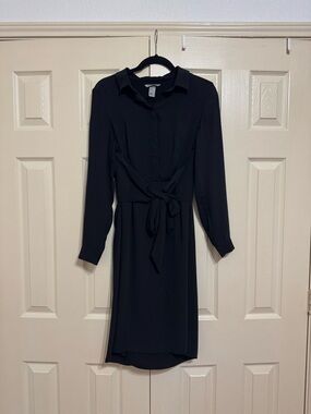 H&M Black Long-Sleeve Tie-Waist Shirt Dress